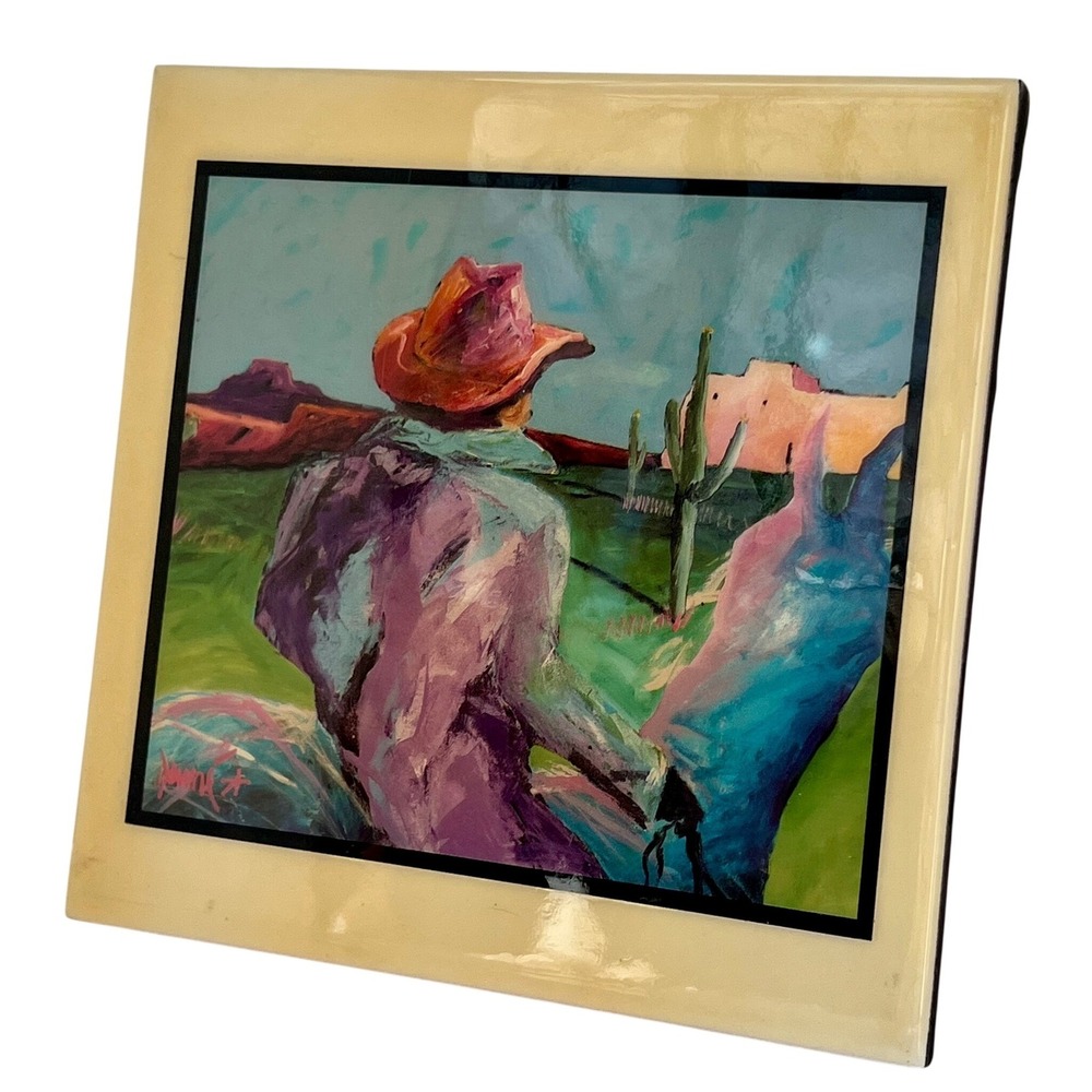 1990s Southwest Tile Art "The Comancheros II" Downe Burns Framed Large Tile